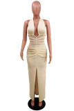 Apricot Sexy Solid Patchwork Backless Slit Halter Evening Dress