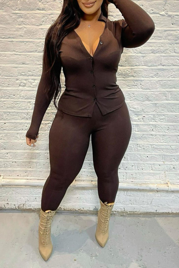 Coffee Sexy Solid Patchwork Buckle Turndown Collar Long Sleeve Two Pieces