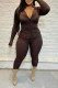 Coffee Sexy Solid Patchwork Buckle Turndown Collar Long Sleeve Two Pieces