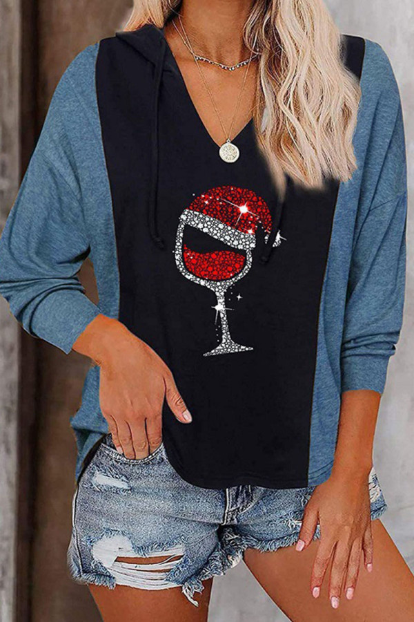 Light Blue Casual Print Patchwork Hooded Collar Tops