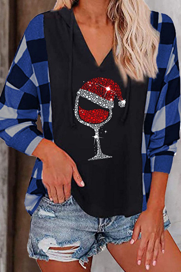 Blue Casual Print Patchwork Hooded Collar Tops