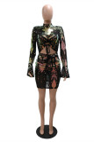 Pink Sexy Patchwork Bandage Hollowed Out Sequins Draw String Turtleneck Long Sleeve Dresses