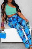 Blue Fashion Casual Print Slit Skinny High Waist Straight Trousers