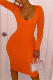 Orange Sexy Casual Solid Basic O Neck Long Sleeve Dresses