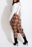 Khaki Casual Plaid Print O Neck Long Sleeve Two Pieces