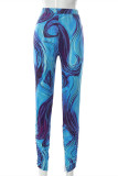 Blue Fashion Casual Print Slit Skinny High Waist Straight Trousers