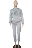 Grey Casual Print Patchwork Hooded Collar Long Sleeve Two Pieces