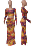 Yellow Sexy Print Hollowed Out Patchwork Frenulum U Neck Long Sleeve Two Pieces
