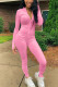Pink Casual Solid Slit V Neck Skinny Jumpsuits