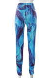 Blue Fashion Casual Print Slit Skinny High Waist Straight Trousers