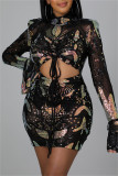 Pink Sexy Patchwork Bandage Hollowed Out Sequins Draw String Turtleneck Long Sleeve Dresses