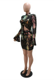 Pink Sexy Patchwork Bandage Hollowed Out Sequins Draw String Turtleneck Long Sleeve Dresses