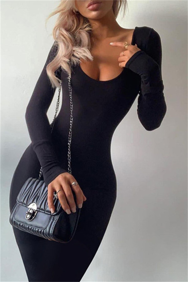 Black Sexy Casual Solid Basic O Neck Long Sleeve Dresses