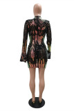 Pink Sexy Patchwork Bandage Hollowed Out Sequins Draw String Turtleneck Long Sleeve Dresses