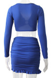 Royal Blue Fashion Sexy Solid Fold V Neck Long Sleeve Two Pieces