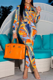 Red Fashion Casual Print Basic Turndown Collar Long Sleeve Two Pieces