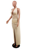 Apricot Sexy Solid Patchwork Backless Slit Halter Evening Dress