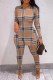 Khaki Fashion Casual Plaid Print Slit O Neck Long Sleeve Two Pieces