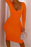 Orange Sexy Casual Solid Basic O Neck Long Sleeve Dresses