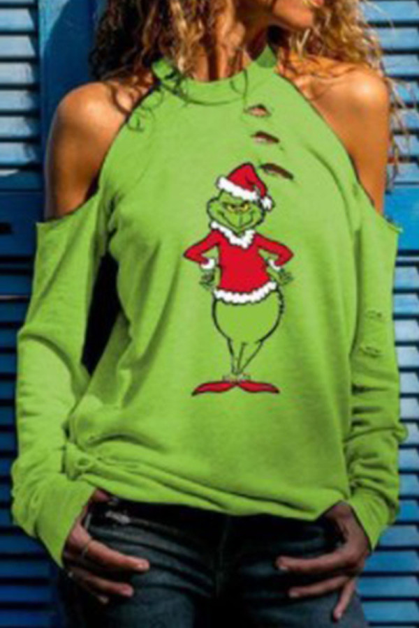 Red Green Street Print Ripped Patchwork O Neck Tops