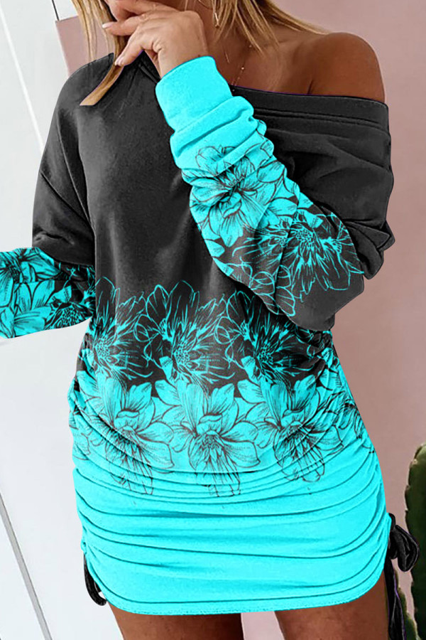 Cyanine Sexy Print Patchwork Draw String Fold O Neck One Step Skirt Dresses