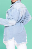Baby Blue Fashion Casual Solid Ripped Turndown Collar Plus Size Overcoat
