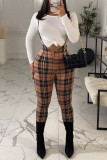 Khaki Casual Plaid Print O Neck Long Sleeve Two Pieces