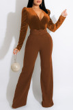 Yellow Brown Sexy Solid Split Joint V Neck Straight Jumpsuits