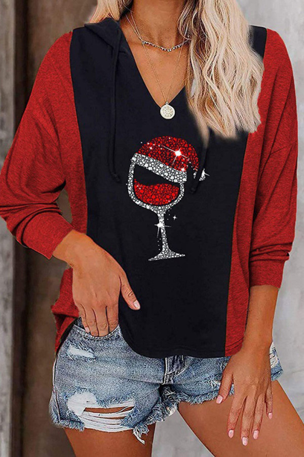 Burgundy Casual Print Patchwork Hooded Collar Tops