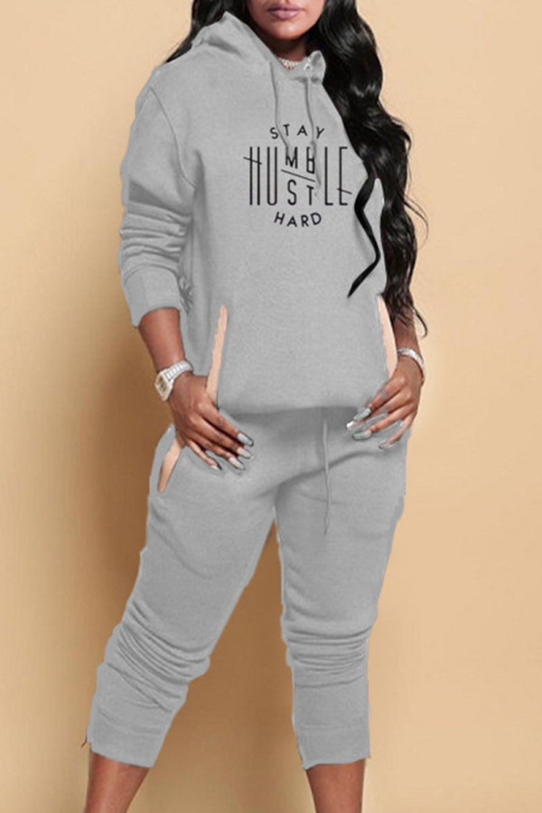 Grey Casual Print Patchwork Hooded Collar Long Sleeve Two Pieces