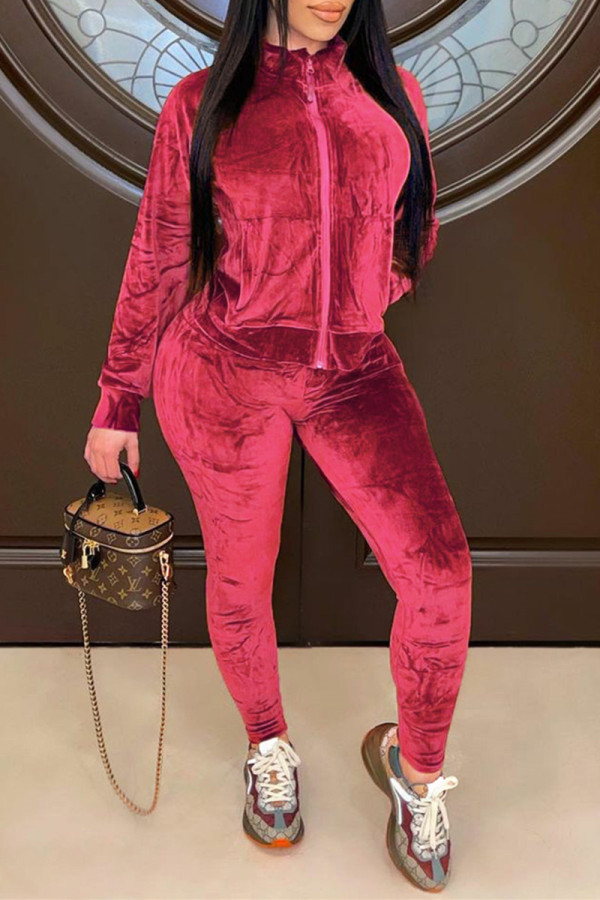 Burgundy Fashion Casual Solid Basic Zipper Collar Long Sleeve Two Pieces