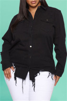 Black Fashion Casual Solid Ripped Turndown Collar Plus Size Overcoat
