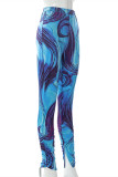 Blue Fashion Casual Print Slit Skinny High Waist Straight Trousers