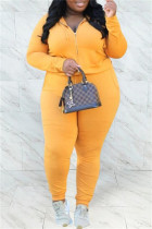 Yellow Fashion Casual Solid Hot Drill Hooded Collar Plus Size Two Pieces