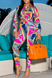 Red Fashion Casual Print Basic Turndown Collar Long Sleeve Two Pieces