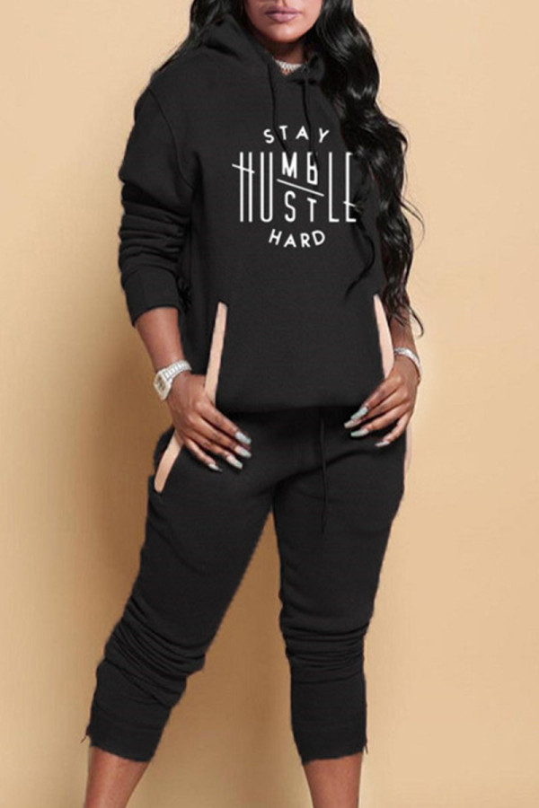 Black Casual Print Patchwork Hooded Collar Long Sleeve Two Pieces
