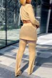 Apricot Fashion Patchwork Solid Hollowed Out Cardigan Pants Turndown Collar Long Sleeve Two Pieces