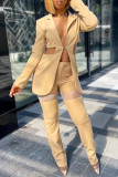 Apricot Fashion Patchwork Solid Hollowed Out Cardigan Pants Turndown Collar Long Sleeve Two Pieces