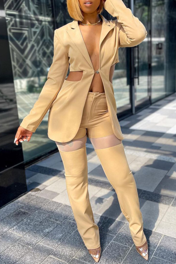Apricot Fashion Patchwork Solid Hollowed Out Cardigan Pants Turndown Collar Long Sleeve Two Pieces