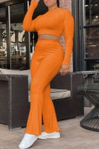 Orange Fashion Casual Solid Basic O Neck Plus Size Two Pieces