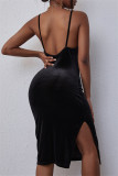 Black Fashion Sexy Solid Backless Slit Spaghetti Strap Sleeveless Dress