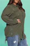 Army Green Fashion Casual Solid Ripped Turndown Collar Plus Size Overcoat