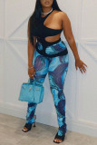 Blue Fashion Casual Print Slit Skinny High Waist Straight Trousers