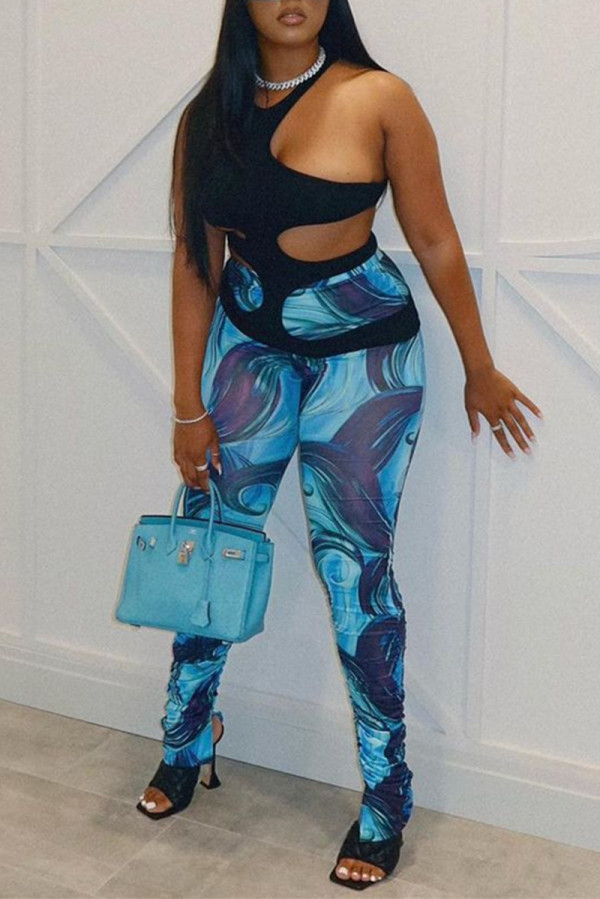 Blue Fashion Casual Print Slit Skinny High Waist Straight Trousers