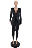 Black Sexy Casual Solid Bandage V Neck Long Sleeve Skinny Jumpsuits