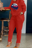 Red Casual Print Patchwork O Neck Long Sleeve Two Pieces