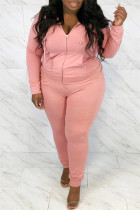 Pink Fashion Casual Solid Hot Drill Hooded Collar Plus Size Two Pieces