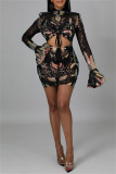 Pink Sexy Patchwork Bandage Hollowed Out Sequins Draw String Turtleneck Long Sleeve Dresses