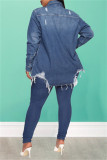 Baby Blue Fashion Casual Solid Ripped Turndown Collar Long Sleeve Regular Denim Jacket