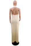 Apricot Sexy Solid Patchwork Backless Slit Halter Evening Dress